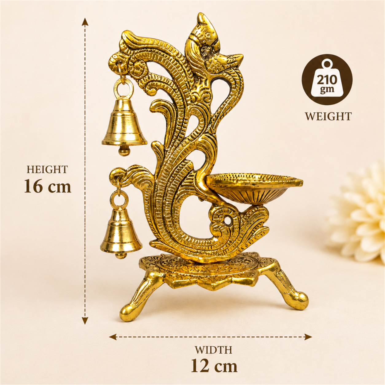 Metal Diya with Hanging Bells – Antique Gold Pooja Diya