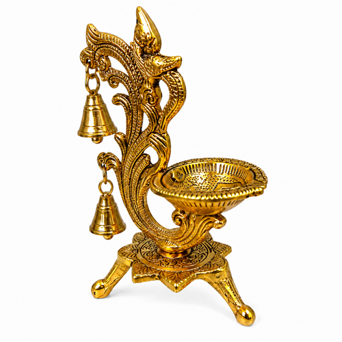 Metal Diya with Hanging Bells – Antique Gold Pooja Diya