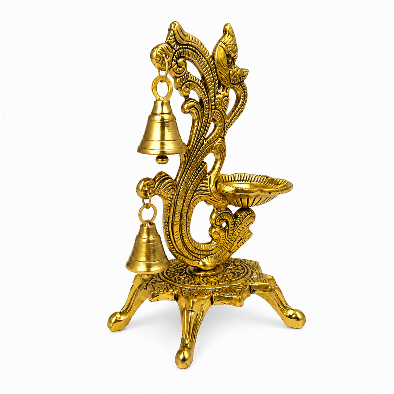 Metal Diya with Hanging Bells – Antique Gold Pooja Diya