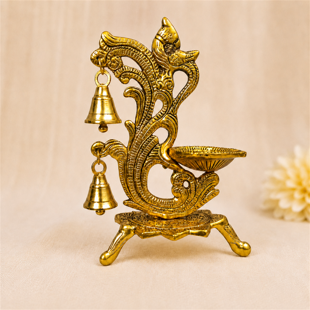 Metal Diya with Hanging Bells – Antique Gold Pooja Diya