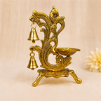Metal Diya with Hanging Bells – Antique Gold Pooja Diya