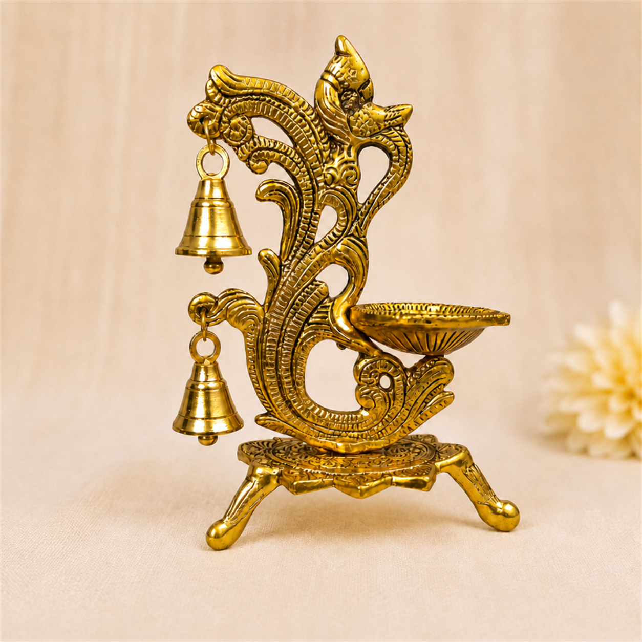 Metal Diya with Hanging Bells – Antique Gold Pooja Diya